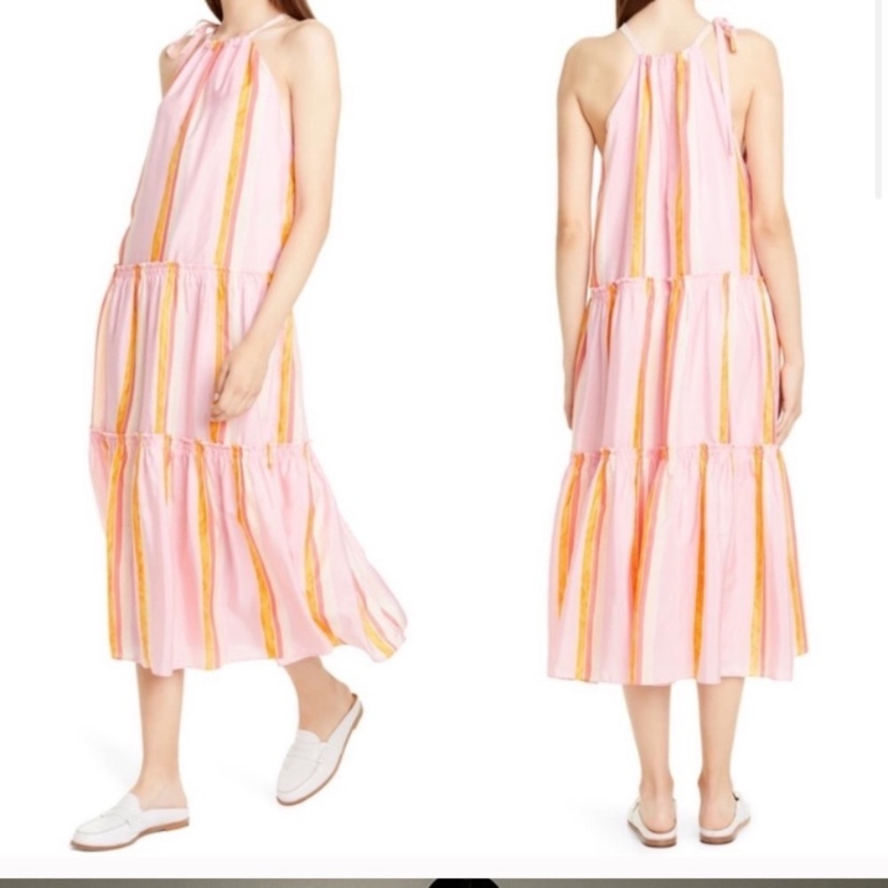Club Monaco 100% Silk Pink Orange Amirra Tiered Halter High Neck Midi Dress